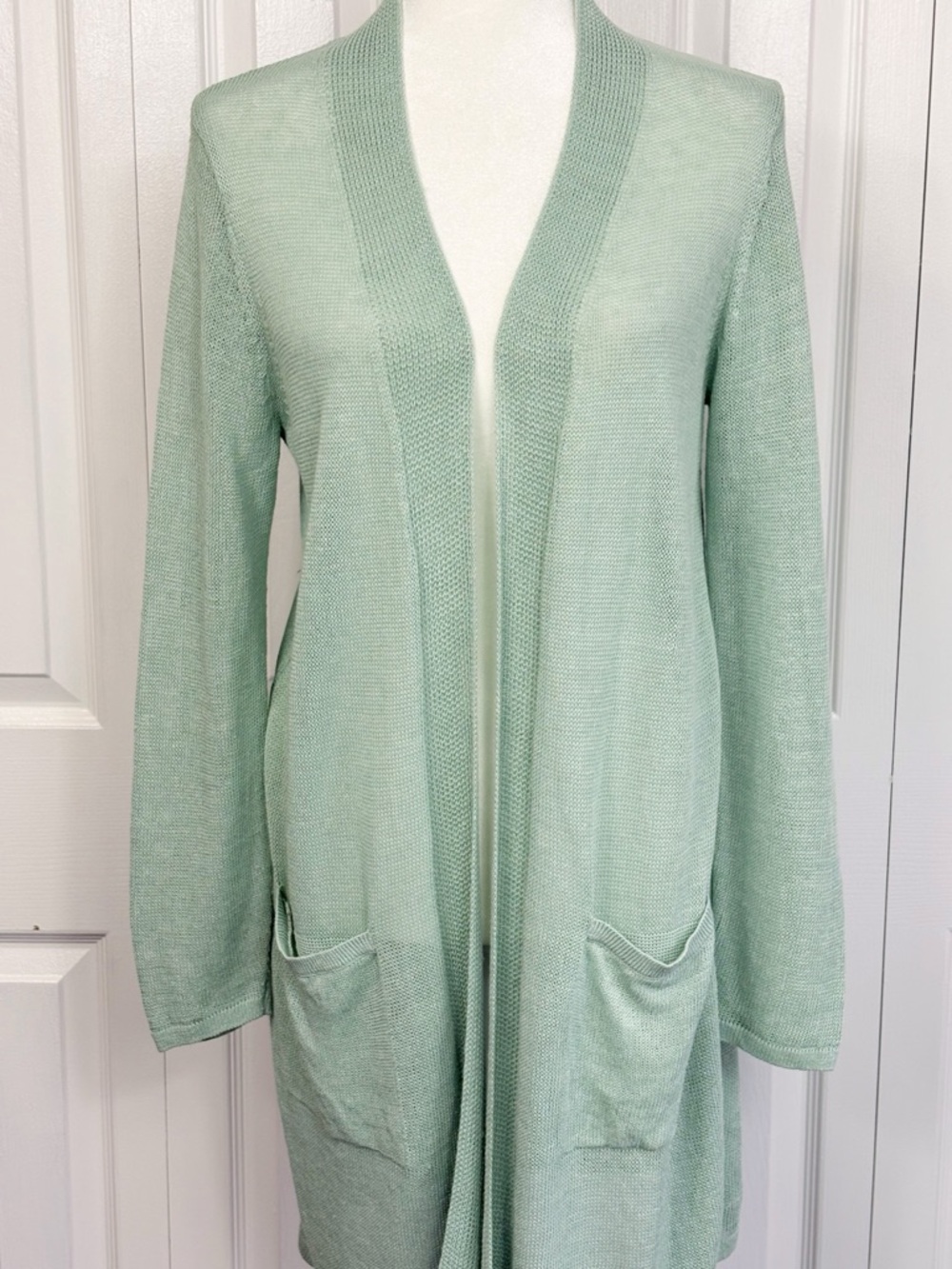 J. Jill Light Green Seaglass Linen Blend Knit Open Front Duster Cardigan MP